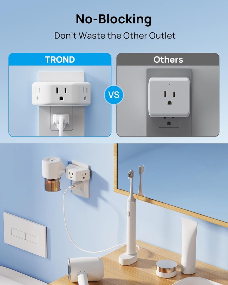 TROND Outlet Extender, 3-Prong Grounded Wall Plug Splitter, 3 Way Angled Outlet Adapter, Cruise Ship Essentials, Plug Expander with 3 Electrical Sockets for Bathroom, Kitchen, White - Image 4